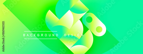 Vibrant green background features abstract shapes, fluid forms. Text reads background design centered below curves. Modern, dynamic composition.