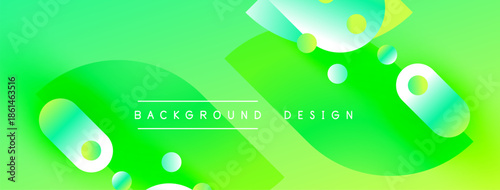 Bright green background features abstract rounded shapes, gradients, smooth curves. Modern design element for digital projects.