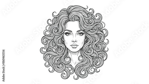Beautiful woman with long curly hair hand drawn illustration black and white sketch elegant and stylish portrait.