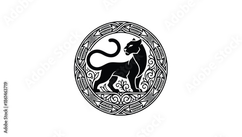 Black and white illustration of a majestic panther in a decorative circular frame embodying strength and elegance.