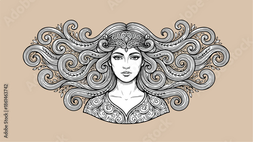 Beautiful Woman with Ornate Flowing Hair and Crown.