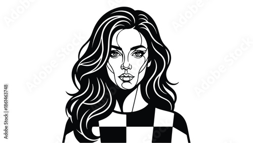 Black and white portrait of a woman with long wavy hair and a checkered top.