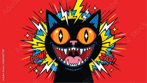 Black cat with wide open mouth and sharp teeth surrounded by lightning bolts and comic book sound effects on a vibrant red background.