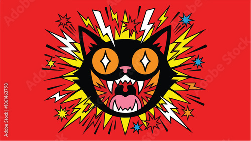 Black cat with wide eyes and open mouth surrounded by lightning bolts and stars on a red background.