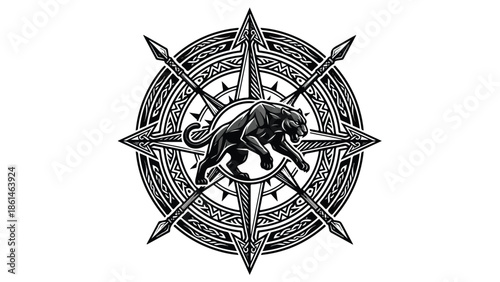 Black Panther Compass Rose Emblem with Intricate Details.