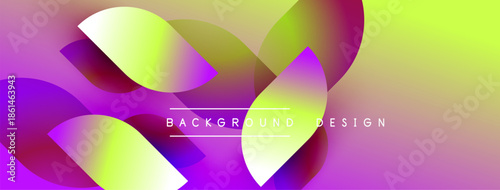 Abstract vibrant design features overlapping colorful shapes. Gradient hues blend purple, yellow, green creating dynamic visual effect.