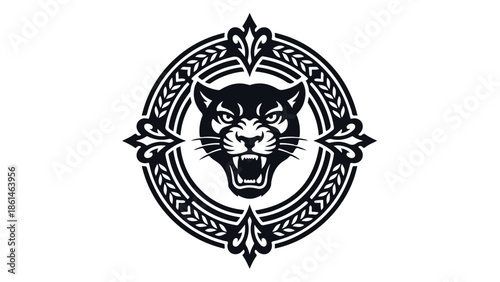 Black panther head roaring in a circular ornate frame.