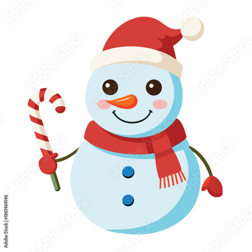 Cute cheerful snowman wearing a red Santa hat in a snowy winter Christmas celebration scene