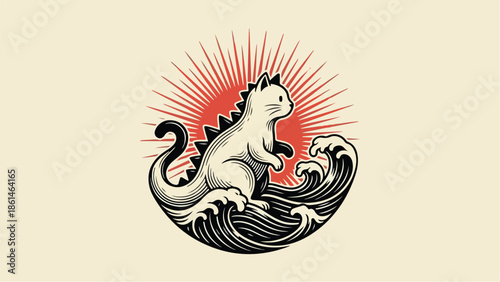 Catdinosaur hybrid in ukiyoe style with sun and waves.