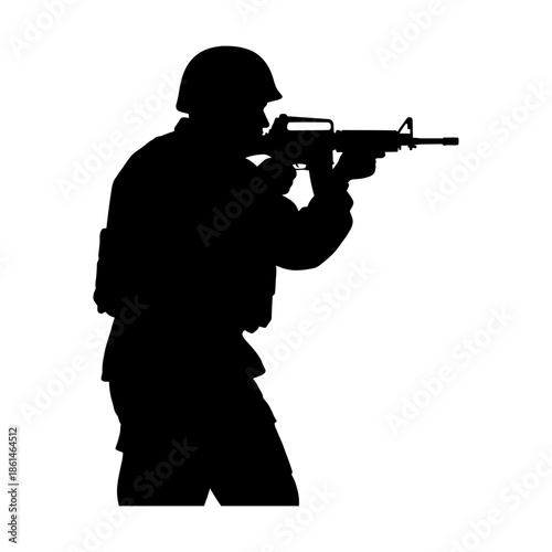 Professional soldier in silhouette aiming weapon for military operation