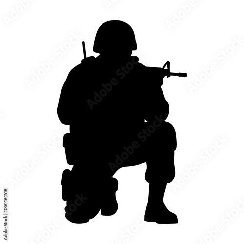 Silhouette of a Kneeling Soldier with Rifle Ready for Tactical Action