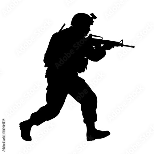 Silhouette of an Armed Soldier in Combat Gear Preparing for Action