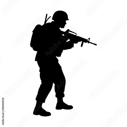 Vigilant soldier in combat gear holding rifle ready for defense