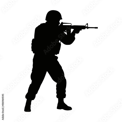 Black silhouette of an armed soldier aiming a rifle in a combat stance