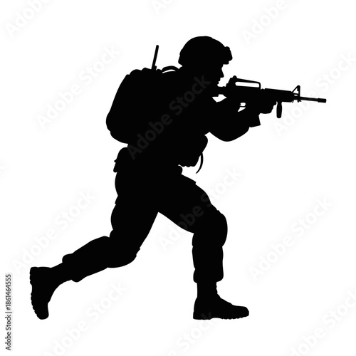 Silhouette of a soldier in action with rifle and gear