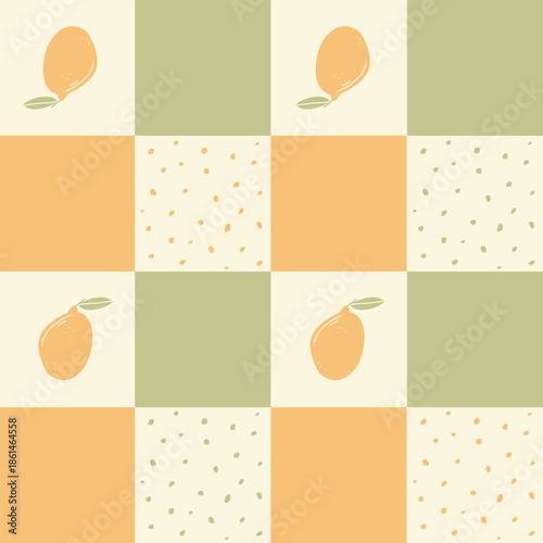 Colourful funky vector pattern with lemon. Wallpaper for kitchen, cafe, dinning room.