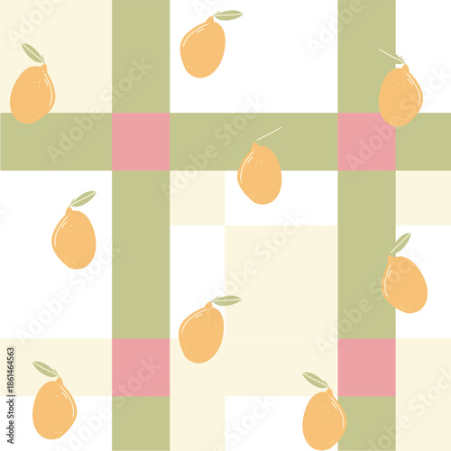 Colourful funky vector pattern with lemon. Wallpaper for kitchen, cafe, dinning room.