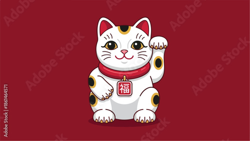Cute Maneki Neko Lucky Cat Waving Paw Illustration.