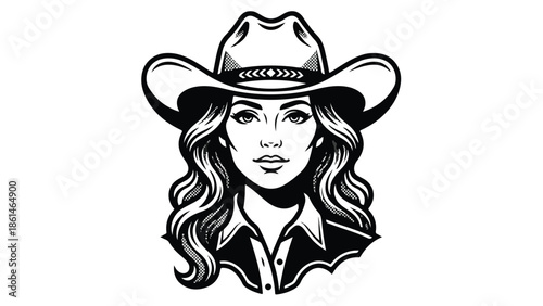 Elegant Cowgirl Portrait Black and White Illustration.