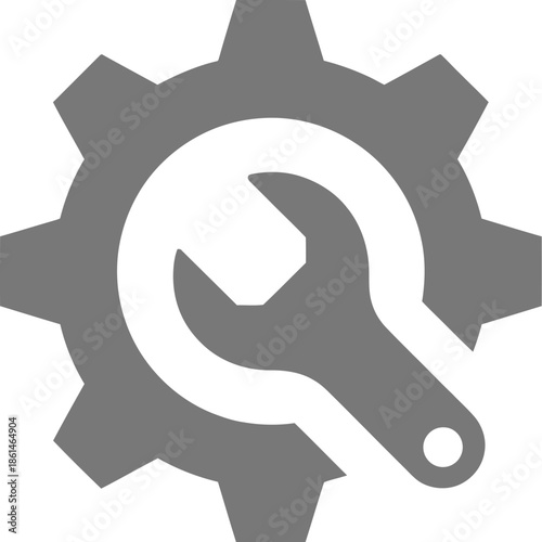 A grayscale icon depicts a gear with a wrench inside symbolizing maintenance and repair on transparent background high-quality professional detailed