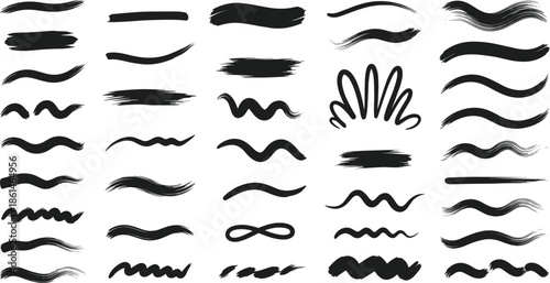 Collection of Black Brush Stroke Lines and Wavy Shapes Keywords: brush stroke, line, wavy, curve, ink, paint, black and white