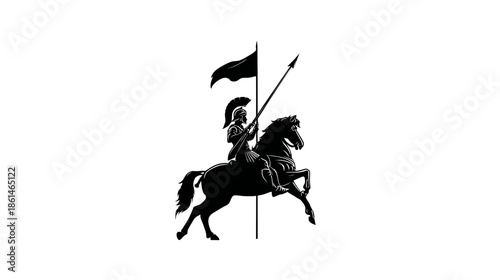 Dynamic silhouette of an ancient warrior on horseback, wearing a helmet, holding a spear and a flowing banner, historical symbol.