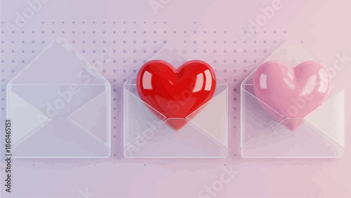 Three transparent envelopes with red and pink hearts inside, symbolizing love and romance on a textured background