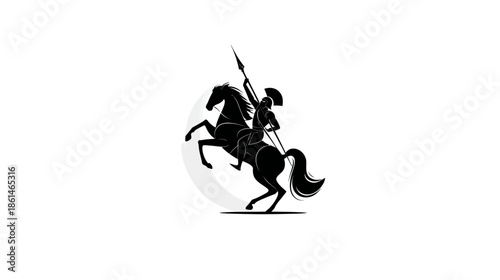 Powerful silhouette of a mounted warrior with a spear, riding a rearing horse. Dynamic equestrian emblem representing strength and combat.