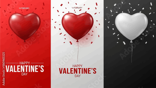 Vibrant heart balloons with shimmering confetti for a festive romantic celebration, perfect for expressing love and joy on special occasions and digital designs