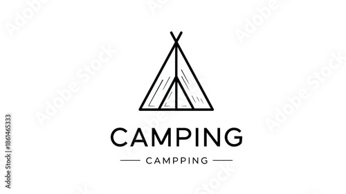 Modern minimalist black line art icon of a triangular camping tent with text, ideal for outdoor adventures and nature travel concepts.