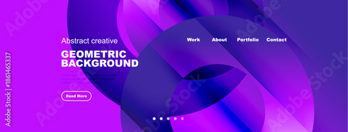 Vibrant abstract design. Geometric shapes blend purple, blue hues. Website header includes navigation, text elements. Modern aesthetic.