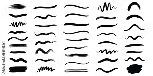 Collection of Black Brush Strokes and Underlines on White Background Keywords: brush stroke, underline, hand drawn, ink, paint