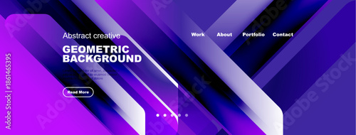 Modern website header design. Vibrant purple, blue gradients dominate. Geometric shapes create dynamic visual effect. Text highlights background theme.