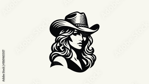 Elegant Cowgirl Portrait with Wavy Hair and Classic Hat.