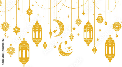 Ramadan Kareem horizontal banner with hanging arabian lanterns. Islamic oriental holiday garland. Elegant, slender silhouettes of lamps and lanterns in oriental style. Muslim ornament 