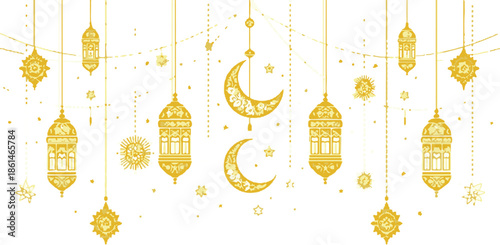 Arabic traditional islamic eastern lanterns garland. Muslim ornamental hanging golden lanterns, lamps vector illustration.