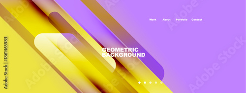 Abstract geometric background. Purple, yellow hues dominate design. Text elements present, simple navigation visible. Modern aesthetic.