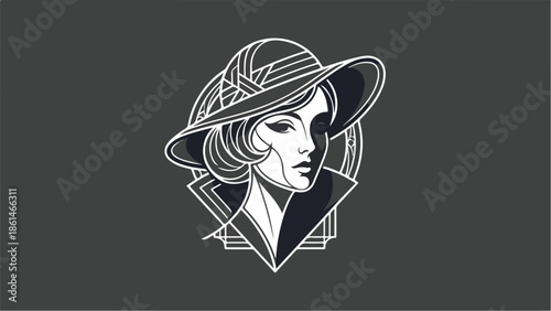 Elegant Woman in Hat Minimalist Black and White Illustration.