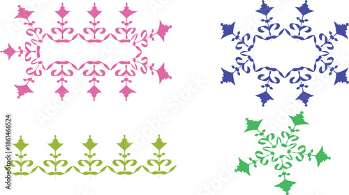 A black background showcases vibrant, colorful geometric and floral shapes in a unique layout.