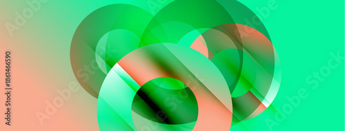 Abstract composition featuring overlapping translucent circles. Colors blend from coral to vibrant green. Modern design, smooth gradients present.