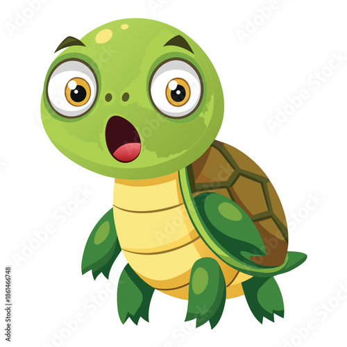 A cute funny green turtle cartoon smiling happily in a cheerful comic style illustration