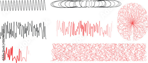 Red waveforms and cellular-like structures are vividly displayed on a stark, black backdrop.