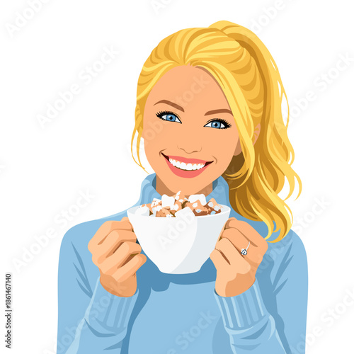 Happy Blonde Woman Enjoying Hot Cocoa