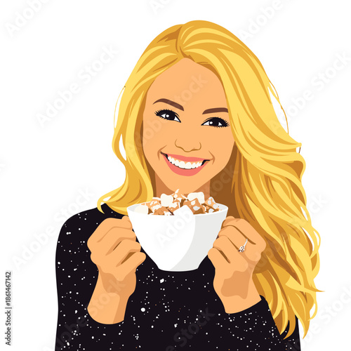 Smiling Blonde Woman Holding Hot Chocolate with Marshmallows