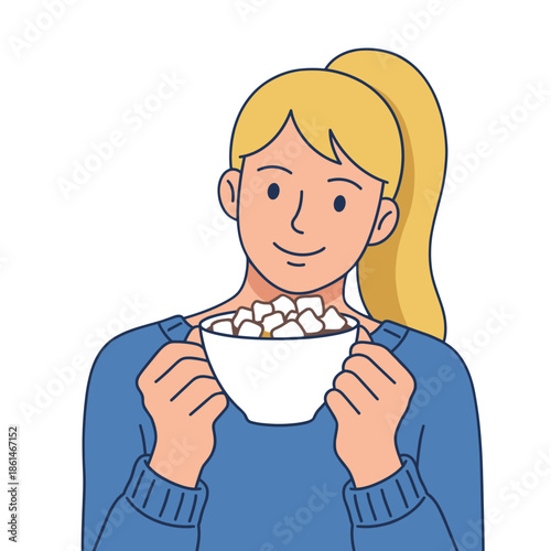 Minimal Flat Style Woman Drinking Hot Chocolate – Cozy Seasonal Character 