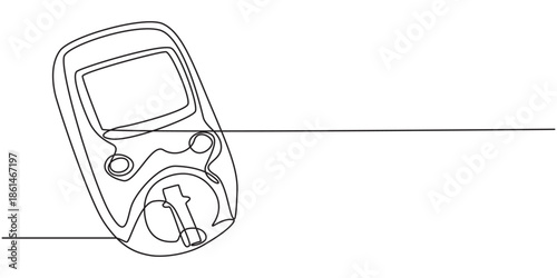 One continuous line drawing of Blood glucose meter test illustration. glucometer pharmacy equipment outline, Continuous single line drawing of a glucometer for monitoring blood sugar. Minimal editable