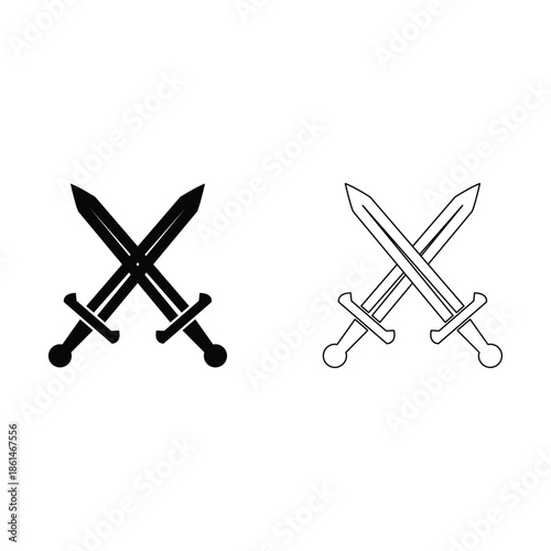 Crossed swords icon representing battle and conflict in black and white styles Vector