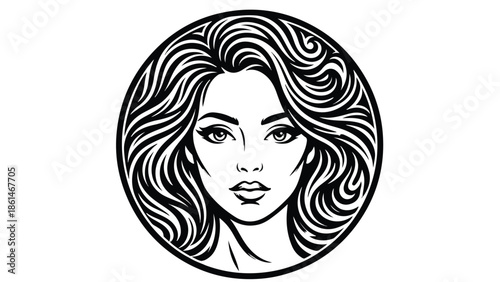 Elegant Womans Face with Flowing Hair in a Circular Frame.