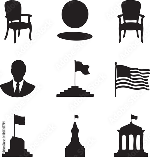Black silhouette icons depicting political symbols furniture and national elements