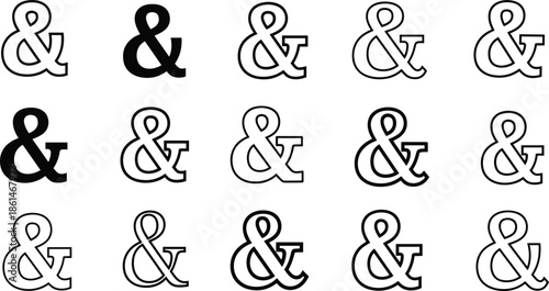 Fifteen Ampersand Symbols in Black and White Outline and Solid Fill Keywords: ampersand, symbol, and, character, typography